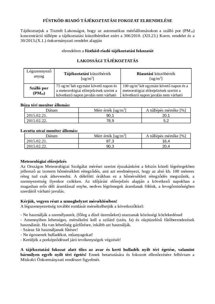 Füstköd-Riadó tályékoztatási fokozat elrendelése