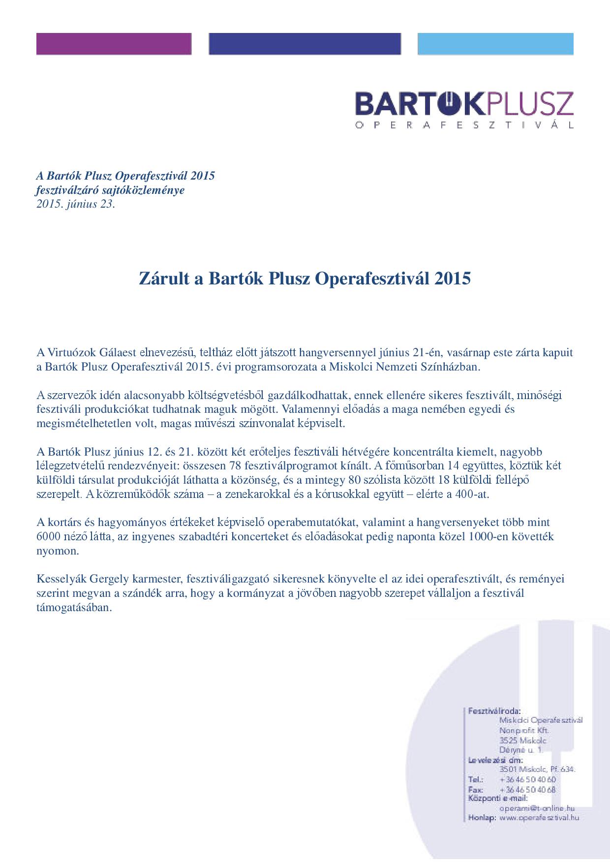 Bartok Plusz Operafesztivál 2015