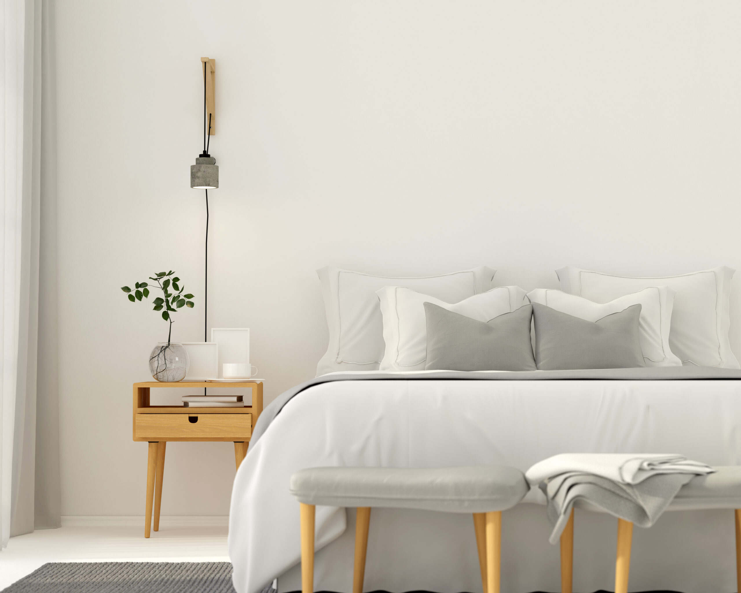 3D illustration. Modern bedroom interior in a light gray color with wooden furniture