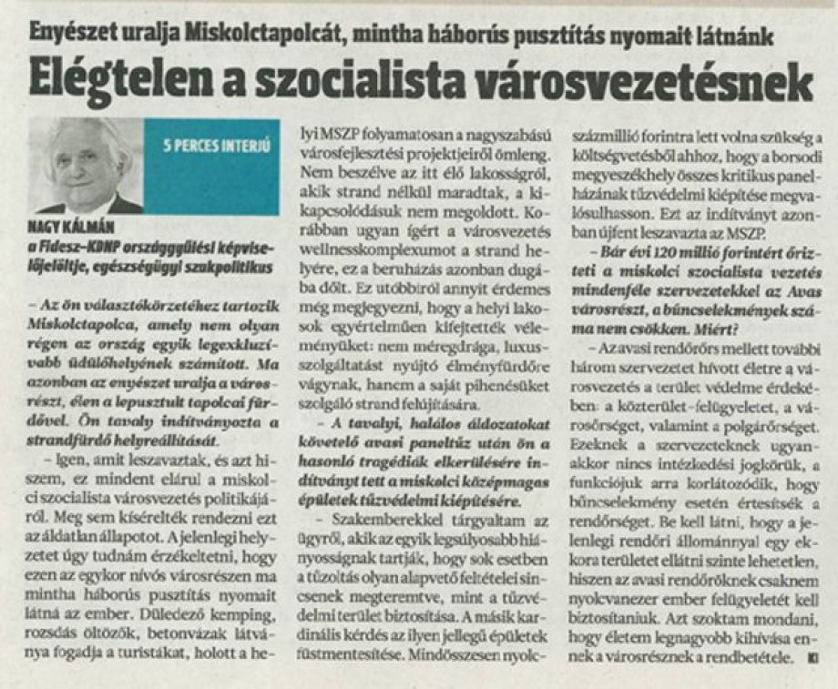 Miskolc polgármesterének válasza Nagy Kálmán Magyar Hírlapban megjelent interjújára