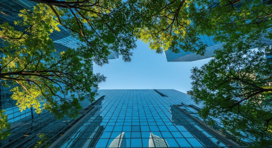 A low-angle view showcases a juxtaposition of nature and modern architecture. Lush green tree branches create a natural frame around towering skyscrapers with blue glass facades that reflect the clear sky above. The composition emphasizes the height and scale of the buildings, contrasting with the organic texture of the foliage. Bright sunlight illuminates the scene, highlighting the colors and details of both the natural and urban elements. Suitable for themes of urban development, environmental awareness, or architectural design.